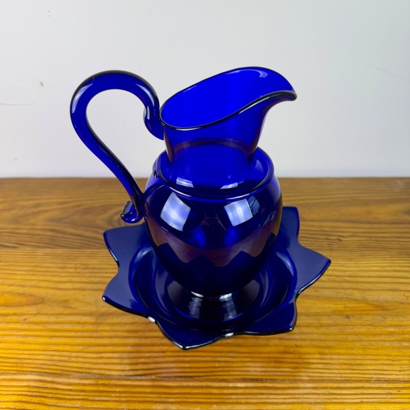 Vintage Cobalt Blue Glass Pitcher & Ruffled Bowl Set | Hand Blown Art Glass - Picture 12 of 16